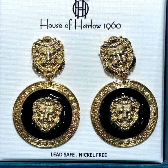 House of Harlow 1960 Gold and Black Lion Medallion Earrings - Picture 1 of 6